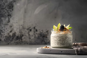 Minimalistic photo of a glass jar with chia pudding topped with blackberries, slices of green apple, seeds, and nuts, side view, lot of negative space