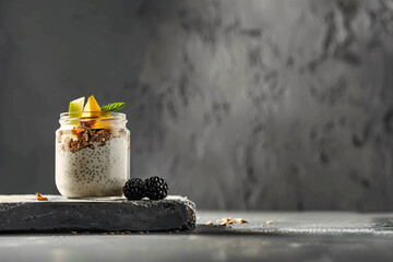 Minimalistic photo of a glass jar with chia pudding topped with blackberries, slices of green apple, seeds, and nuts, side view, lot of negative space