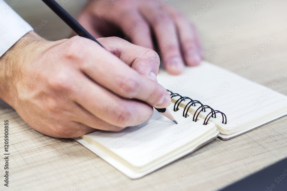 Poster Detailed view of a man's hand jotting notes in a notepad, with a blurred background