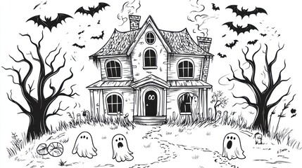 A spooky haunted house illustration with bats ghosts and dead trees for Halloween