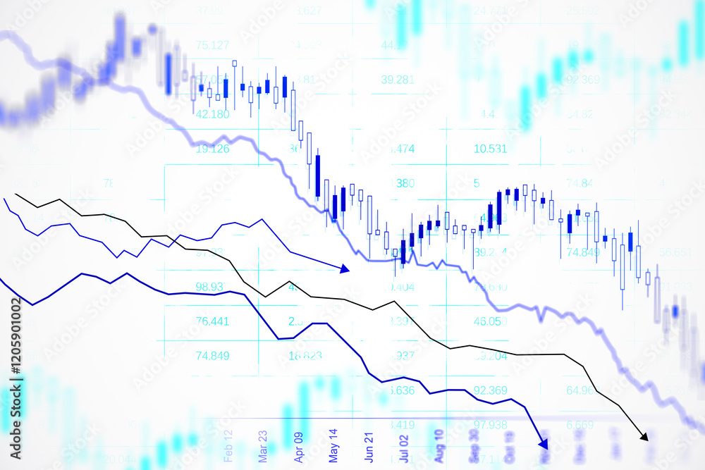 Aufkleber financial chart with declining stock market trends on a soft white background. 3d rendering