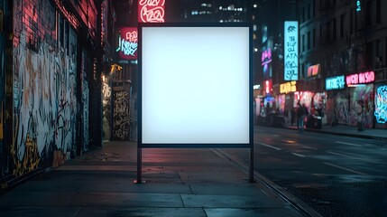 Urban Billboard Frame in Busy City at Night with Neon Lights and Street Art Surrounding It