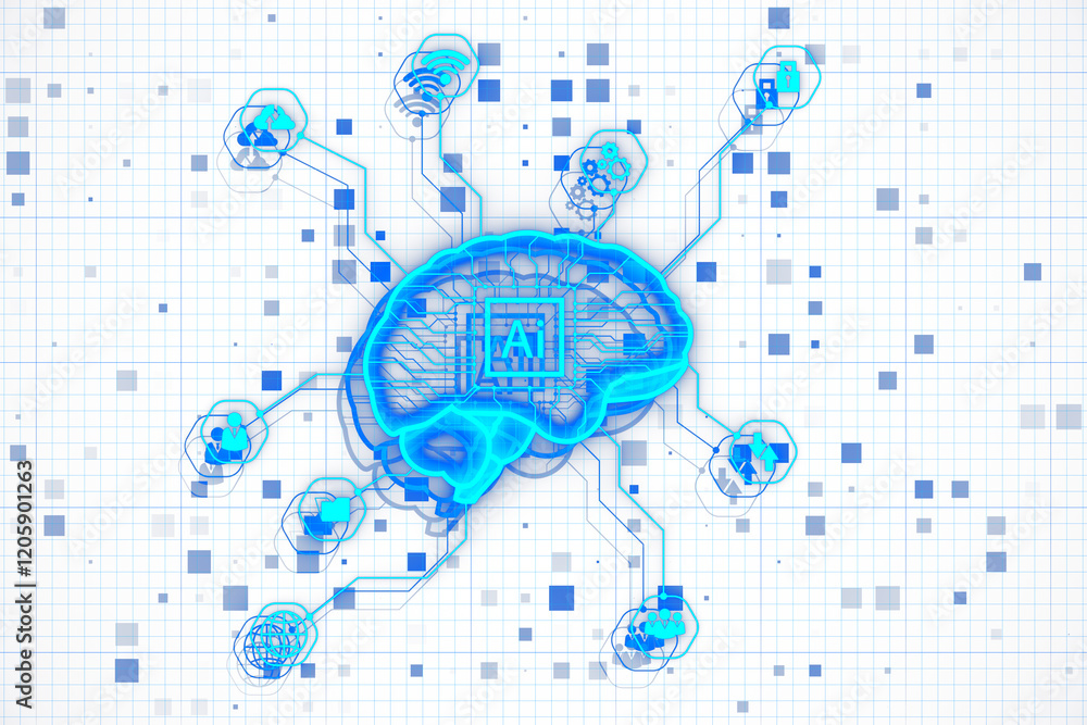 Poster Digital brain with AI network connections on light grid background. 3D Rendering