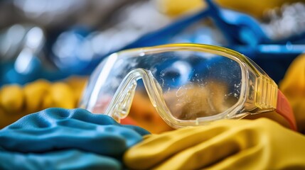 Protective glasses and gloves resting on a work surface highlight the focus on workplace safety and the vital role of personal protective equipment in manufacturing