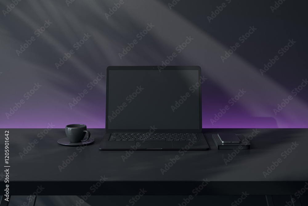 Poster modern laptop with blank screen on a black desk, accompanied by smartphone and coffee cup, dark back