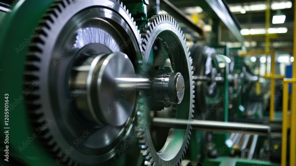 Poster close up of interlocking gears rotating smoothly, showcasing precision engineering within a modern i