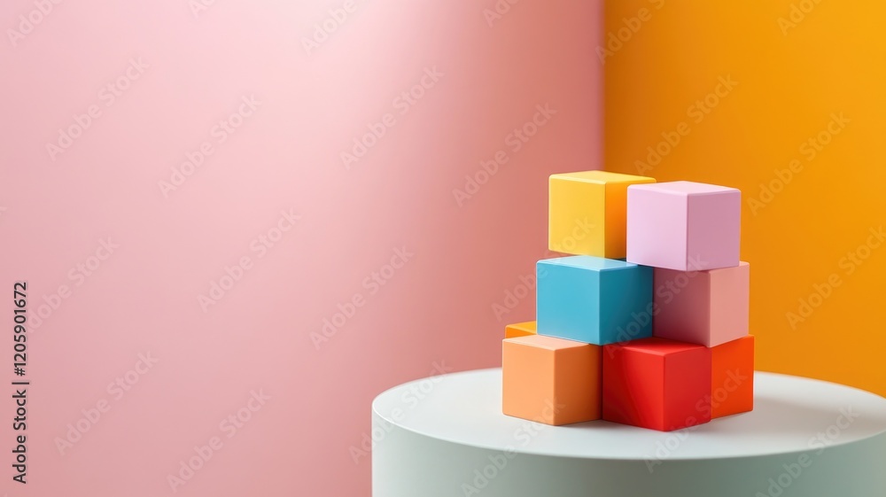 Aufkleber stack of colorful cubes on circular platform, minimalistic background