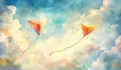 Two triangular kites soar in a vibrant watercolor sky, filled with fluffy clouds and warm sunlight.