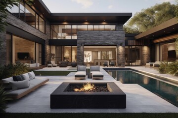 Fototapeta premium Modern House Backyard With Pool And Fire Pit