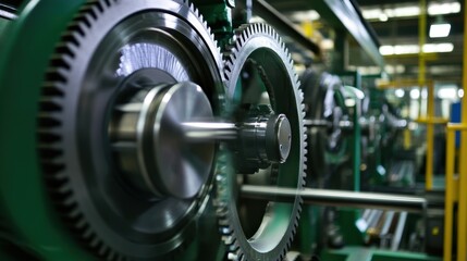 Close up of interlocking gears rotating smoothly, showcasing precision engineering within a modern industrial factory setting, highlighting the complexity and efficiency of manufacturing processes