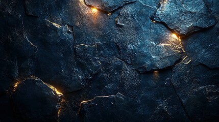 Glowing cracks in dark stone cave wall background/texture