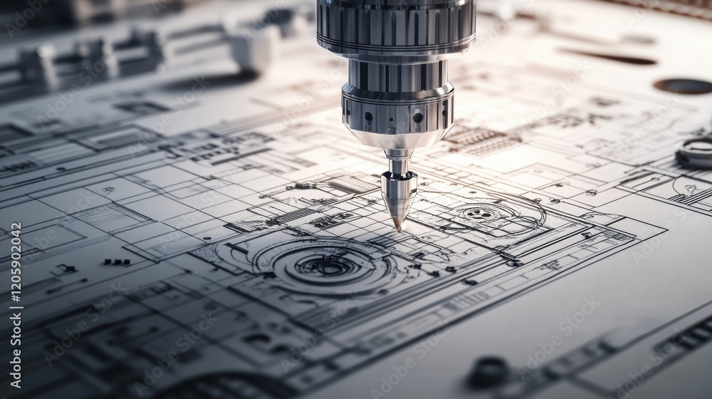 Poster high tech cnc milling machine carving a complex blueprint design, highlighting the integration of ad