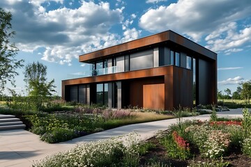 Fototapeta premium modern house with garden and sky, modern house exterior design on dark blue sky 