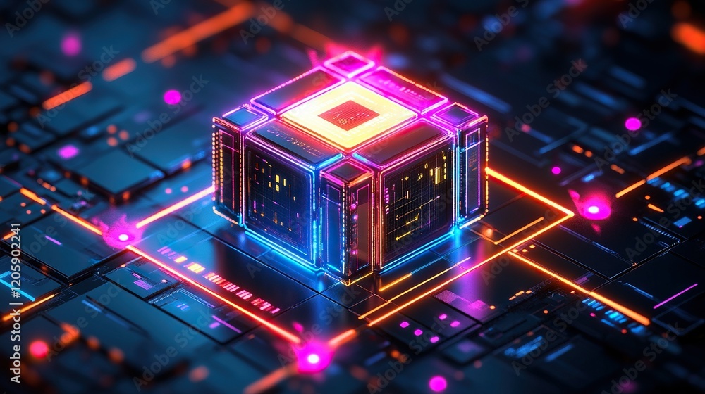 Poster glowing cube on circuit board with neon lights, data processing