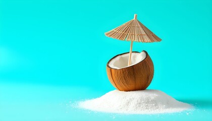 Tropical beach scene, halved coconut, tiny cocktail umbrellas, white sand, turquoise background, minimalist composition, summer vibes, vacation concept, macro photography