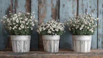 Three potted daisies on rustic wood.