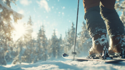 Close-up of a skier standing on skis with cross-country skiing equipment on a sunny winter day in the mountains