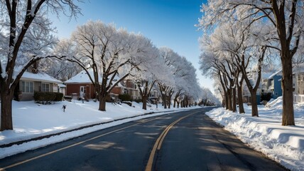 tree lined street in winter, clen blue sky and clean white snow