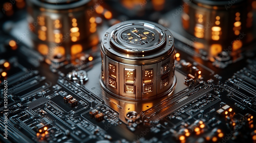 Poster glowing cylindrical device on circuit board with intricate background details