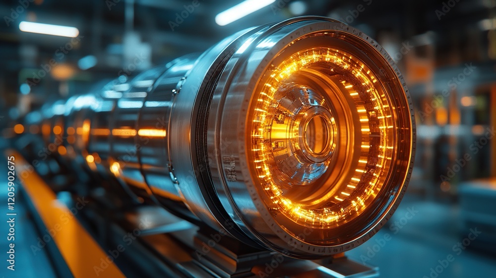 Poster glowing cylinders on assembly line in factory with blurred background