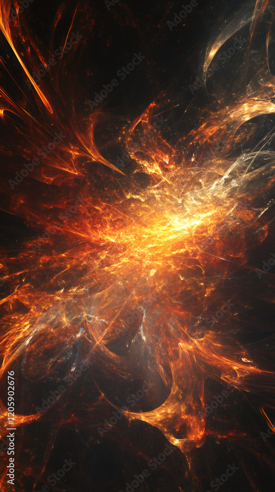 Aufkleber bright orange and yellow fractal explosion expanding in the dark space, creating a dramatic and ener
