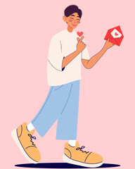 Valentine`s day. Cute boy holding love letter. Love concept. Modern isolated vector illustration.