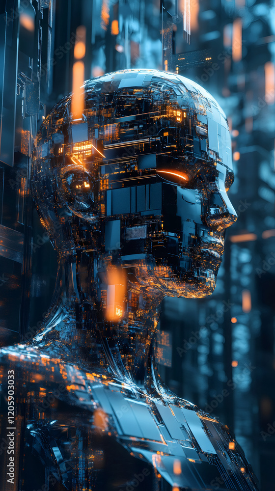 Aufkleber android head made of electronic components emerging from a futuristic technological background, conc