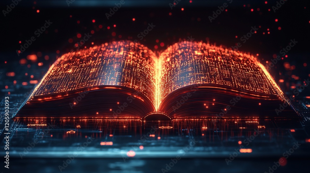 Poster glowing digital book open on circuit board, data stream background, knowledge concept