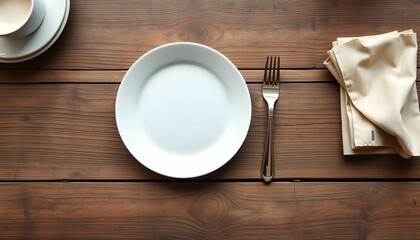 White plate, scattered salt, rustic wooden table, silver fork, folded napkin, coffee cup, minimalist place setting, overhead view, natural lighting, contrasting textures, simplicity