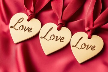 Heart-shaped golden pendants tied with red satin ribbons rest on soft, luxurious red silk fabric, featuring the cursive word love gracefully embossed on each pendant.