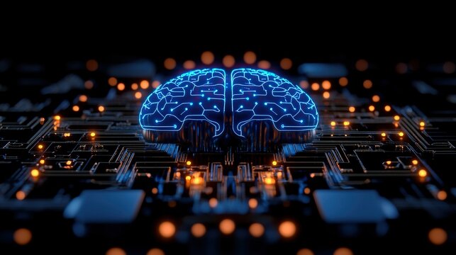Glowing digital brain on circuit board with active connections