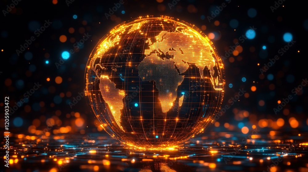 Poster glowing digital earth globe on circuit board, bokeh background, data visualization