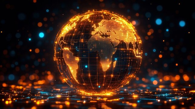 Glowing digital Earth globe on circuit board, bokeh background, data visualization