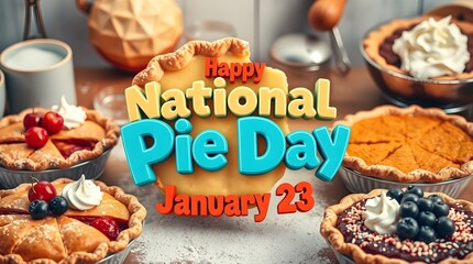 stock photo displaying National Pie Day typography in iridescent colors and warm golden hour light.