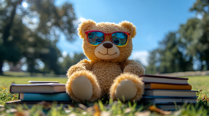 Teddy bear as a student at school Back to school ,Back to school concept, Smart kid cute teddy wearing blue eyeglasses studying and doing homework