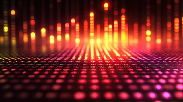 Glowing digital grid floor with light streaks in dark background, performance stage