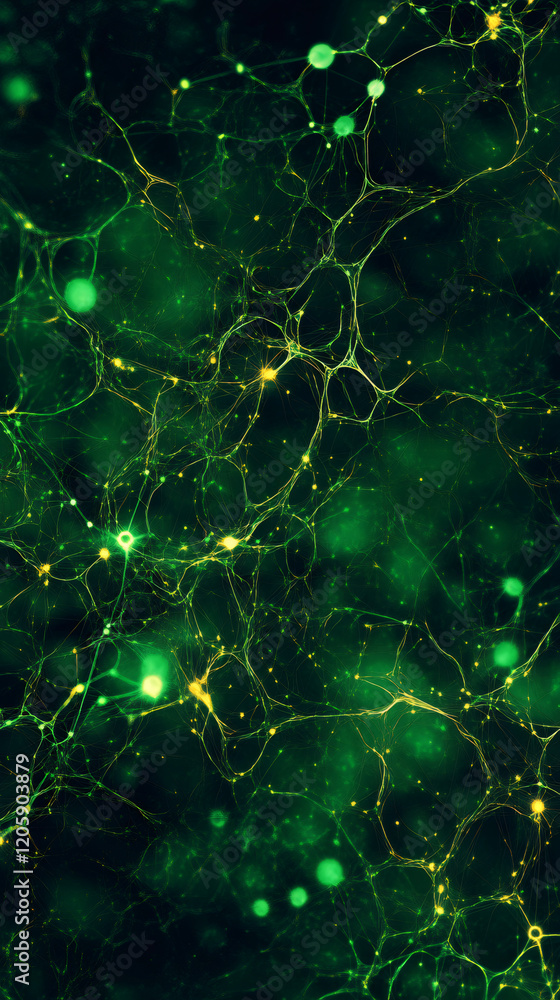 Fototapete complex network of neurons exchanging informations through green glowing synapses on a dark backgrou