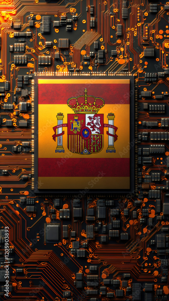 Aufkleber spanish flag on a computer processor representing technological progress, innovation and the digital
