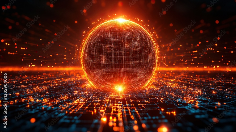 Poster glowing digital sphere above circuit board landscape with particle effects