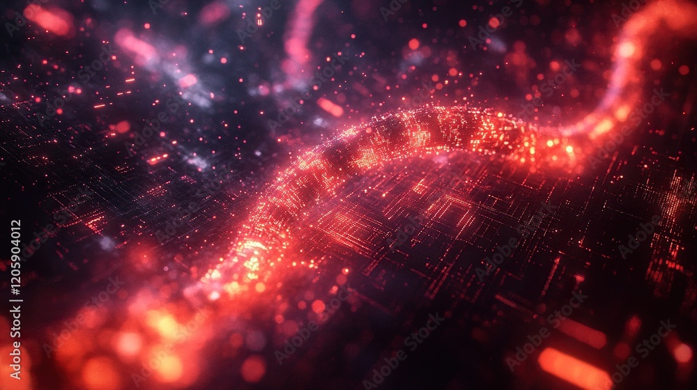 Poster glowing digital dna strand on circuit board with particle effects