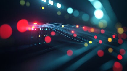 A wide-angle view showcases a modern network server rack illuminated by vibrant LED lights, with holographic lines representing digital connections extending outward