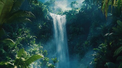 Obraz premium Lush Tropical Waterfall Cascading Through Verdant Jungle