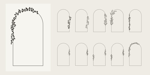 Zestaw dekoracyjnych ramek w minimalistycznym stylu z delikatnymi listkami. Proste botaniczne dekoracje do wykorzystania w projektach. © Monika