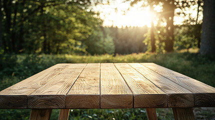 Naklejka premium Simple wooden table in natural tones, set against a green forest background with soft sunlight filtering through trees. 