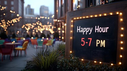Vibrant Outdoor Bar Chalkboard Sign Displaying Happy Hour with Twinkling Lights and Colorful Chairs