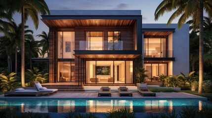 Obraz premium Modern Tropical Home with Evening Pool Lighting