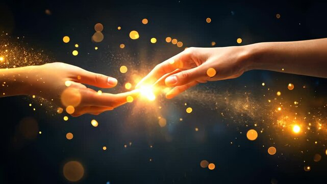 Hands reaching toward each other with glowing sparks in a dark background creating a sense of connection and energy