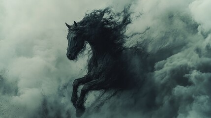 A dark, ethereal horse emerging from swirling clouds, creating a mystical atmosphere.