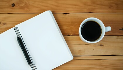 wooden table, open spiral notebook, blank pages, black pen, white coffee mug, dark coffee, minimalist workspace, overhead view, natural lighting, productivity, writing setup, clean composition