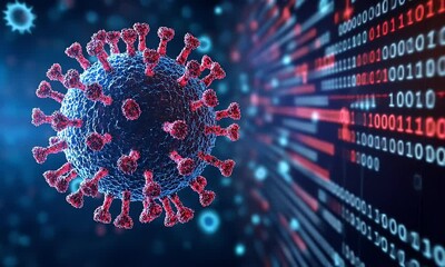 A detailed digital illustration of a virus with red spikes surrounded by binary code, symbolizing data and health technology - Powered by Adobe